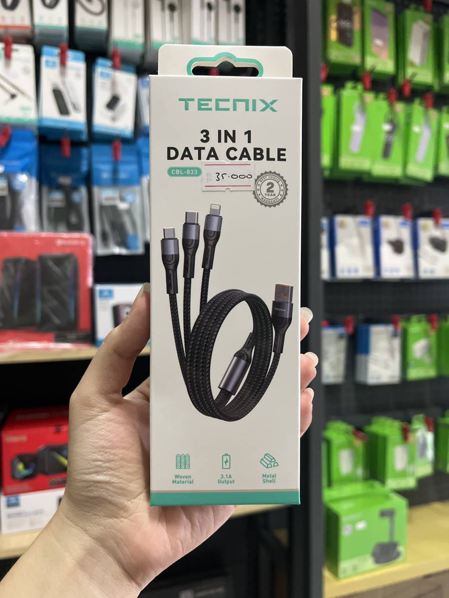 Tecnix CBL-833 3in1 Dara Cable 1M 3.1A (Micro+Type C+Lightning)